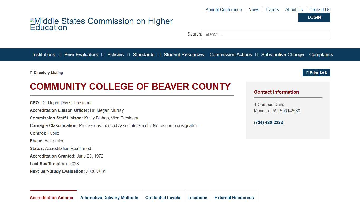 Community College of Beaver County - Statement of Accreditation Status